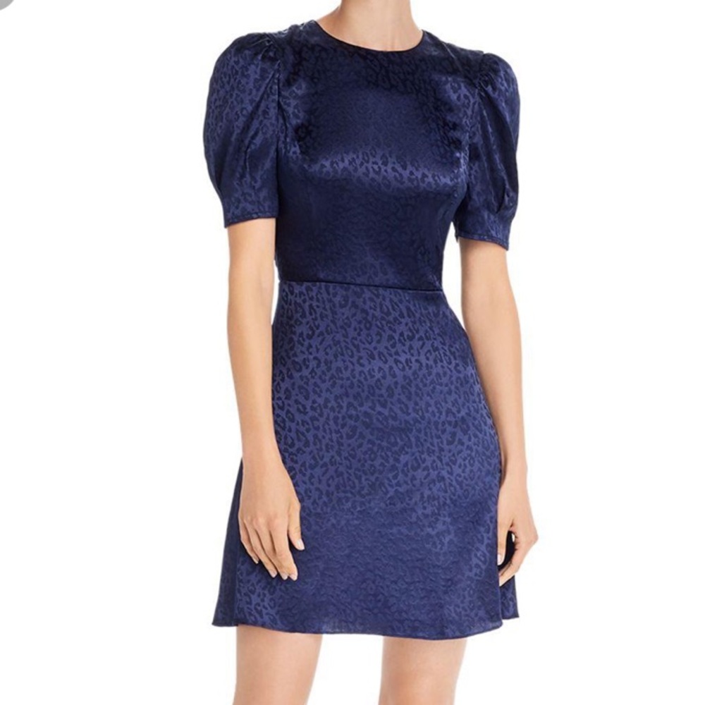 Navy Blue Leopard Print puff sleeve Fit & Flare Dress large